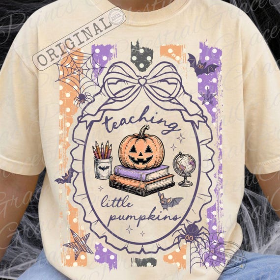 Teaching Little Pumpkins Halloween Teacher PNG Design, Spooky Teacher Striped PNG, Coquette Fall Digital Download ORIGINAL Do Not Copy
