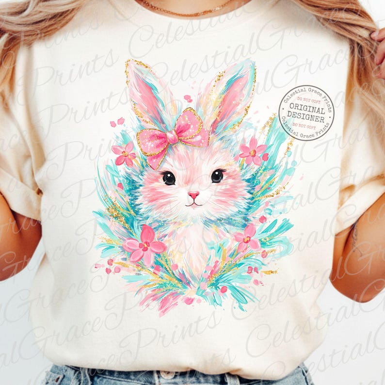 May include: Cream-colored t-shirt featuring a watercolor illustration of a bunny with a pink bow, surrounded by flowers and teal accents. The bunny has gold glitter accents on its ears. The text "Celestial Grace Prints" is printed on the shirt.