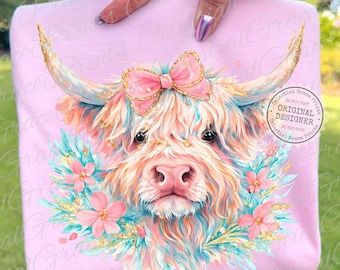 Painted Easter Highland Cow PNG, Coquette Spring Preppy Farm Easter, Brushstroke Floral Design, Digital Easter Clipart