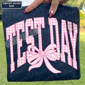 May include: Navy blue sweatshirt with the words "TEST DAY" in pink gingham letters and a pink bow. The top left corner has a label that says "COMFORT COLORS NAVY".