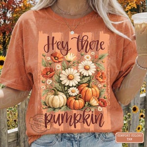 May include: Orange Comfort Colors t-shirt with a floral and pumpkin design. The design includes the text "Hey there pumpkin" with daisies, poppies, and pumpkins. The shirt is a fall-themed graphic tee.