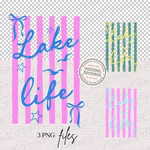 Puede incluir: Archivos de arte digital con la frase "Lake Life" en escritura azul, sobre fondos a rayas rosas y verdes. Incluye estrellas, lazos y p&aacute;jaros. Tambi&eacute;n est&aacute;n presentes las palabras "3 archivos PNG".
