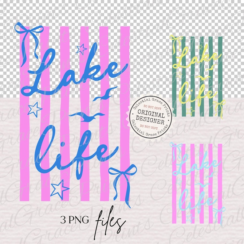 Puede incluir: Archivos de arte digital con la frase "Lake Life" en escritura azul, sobre fondos a rayas rosas y verdes. Incluye estrellas, lazos y p&aacute;jaros. Tambi&eacute;n est&aacute;n presentes las palabras "3 archivos PNG".