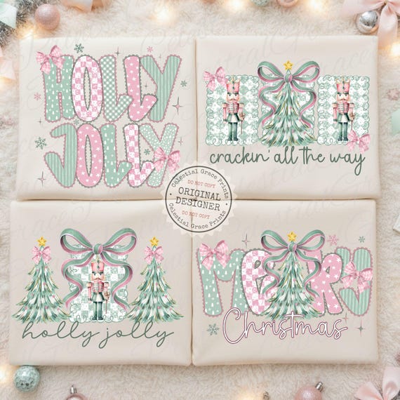 Holly Jolly Sage/Pink Preppy Christmas Nutcracker PNG Bundle • Coquette Bow Holiday Design • Cute Girly Merry Xmas Pastel Designs for Shirts