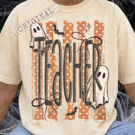 Halloween Teacher Ghost Png, Coquette Spooky Teacher Png Shirt Design, Striped Ghost Teacher Sublimation ORIGINAL Do Not Copy
