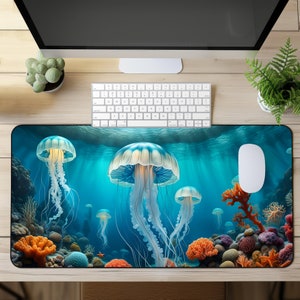 Unter dem Meer Jellyfish Schreibtischmatte, Bürodeko Schreibtischmatte, erweiterte Tastatur Matte, Qualle XL Mousepad, Gamer Geschenk Schreibtischunterlage, Quallen Matte