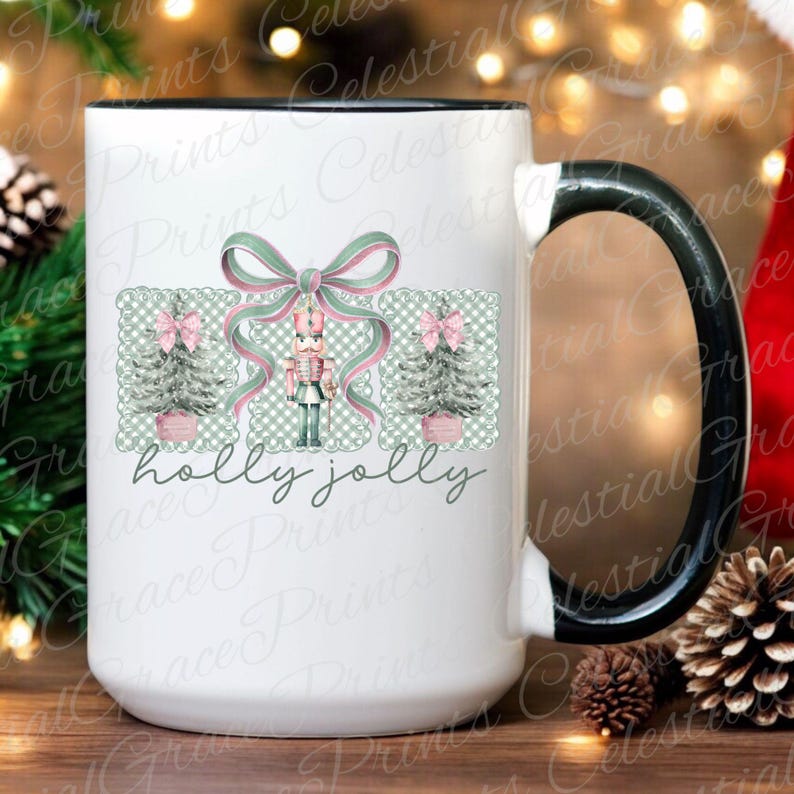May include: White ceramic mug with a black handle and rim, featuring a Christmas design. The design includes a bow, Christmas trees, a nutcracker, and the words "holly jolly". The mug is decorated with pink, green, and white colours.