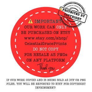 Peut inclure: Un graphique circulaire rouge avec des lignes en pointill&eacute;s blancs et du texte. Le texte comprend "IMPORTANT", "NOTRE TRAVAIL NE PEUT &Ecirc;TRE ACHET&Eacute; QUE SUR ETSY" et "NE PAS COPIER". Un tampon indique "PROT&Eacute;G&Eacute; PAR LE COPYRIGHT".