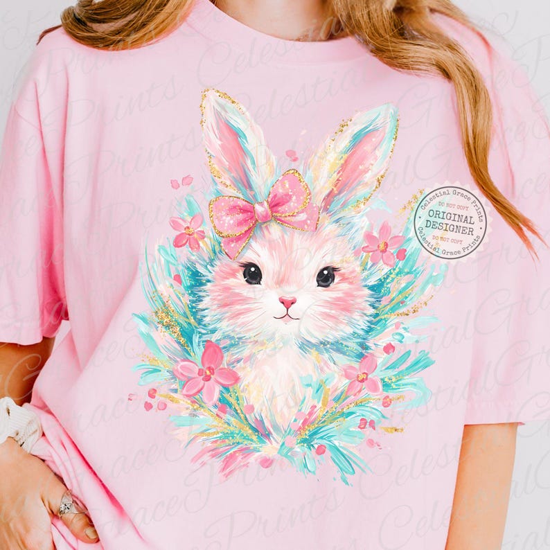 May include: Pink t-shirt featuring a watercolor illustration of a bunny with a pink bow, surrounded by flowers and teal accents. The bunny has a sweet expression. The shirt has the text "Celestial Grace Prints" and "Original Designer" on it.