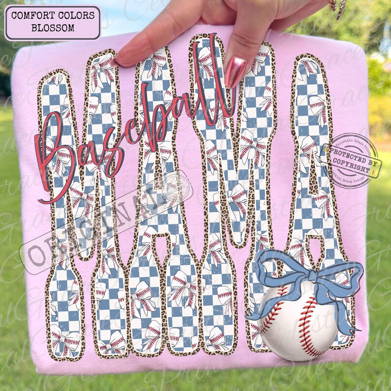 May include: A light pink t-shirt with the word "Baseball" in a cursive font. The word is made up of baseball bats with a blue and white checkered pattern, baseballs, and bows. A baseball with a blue bow is at the bottom.