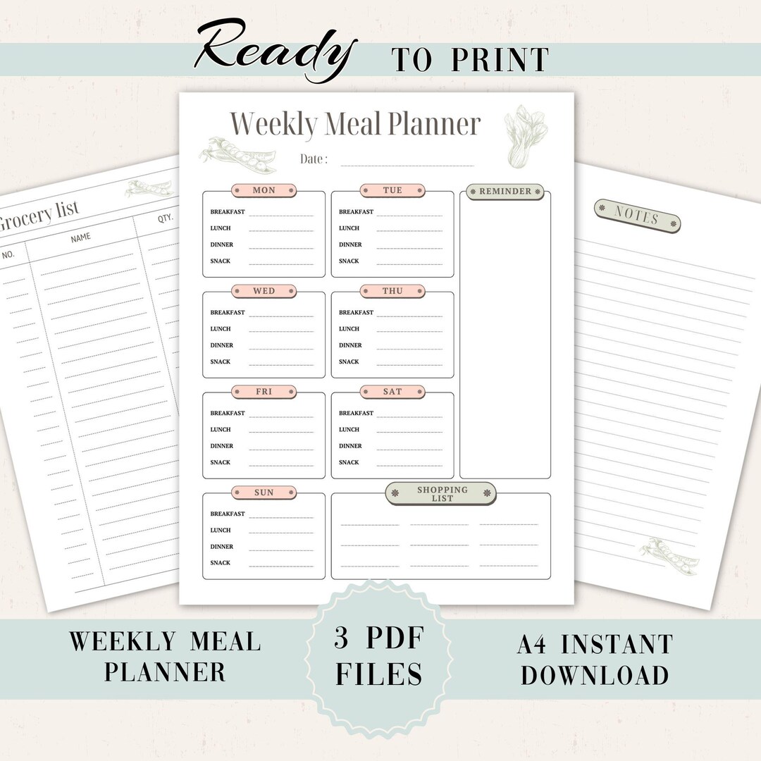 Weekly Meal Planner Printable: Blank Grocery List, Menu (digital ...
