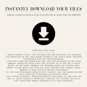 Peut inclure: Graphique de t&eacute;l&eacute;chargement num&eacute;rique cr&egrave;me avec le texte "T&Eacute;L&Eacute;CHARGEZ INSTANTAN&Eacute;MENT VOS FICHIERS". Un cercle noir avec une ic&ocirc;ne de fl&egrave;che blanche vers le bas est centr&eacute;. Le texte ci-dessous explique le processus de t&eacute;l&eacute;chargement.