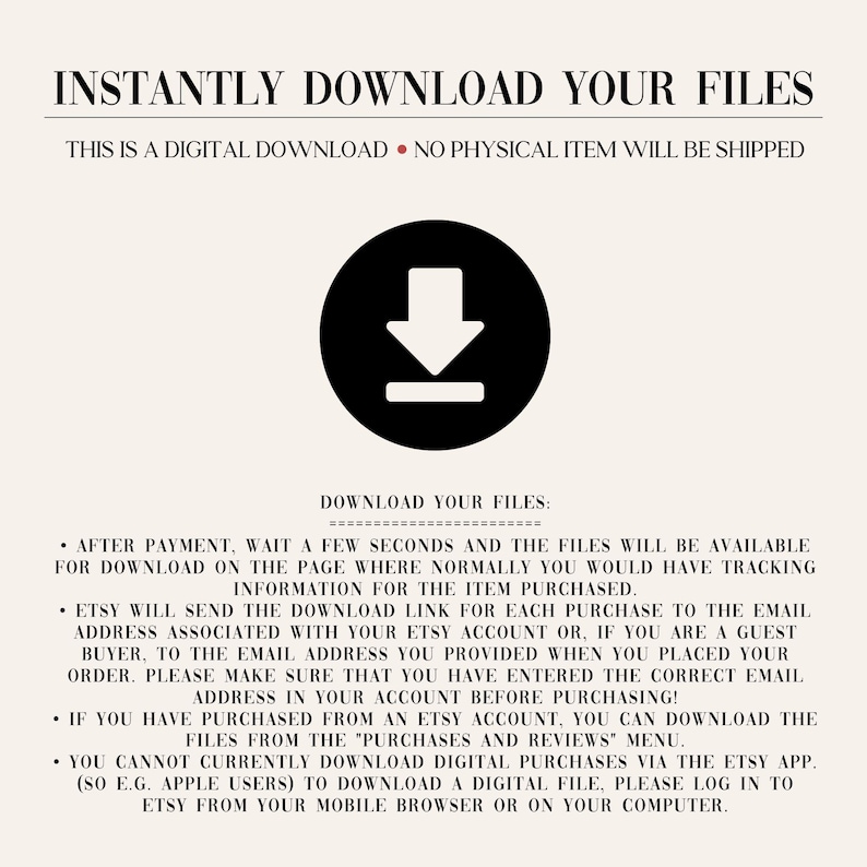 Peut inclure: Graphique de t&eacute;l&eacute;chargement num&eacute;rique cr&egrave;me avec le texte "T&Eacute;L&Eacute;CHARGEZ INSTANTAN&Eacute;MENT VOS FICHIERS". Un cercle noir avec une ic&ocirc;ne de fl&egrave;che blanche vers le bas est centr&eacute;. Le texte ci-dessous explique le processus de t&eacute;l&eacute;chargement.