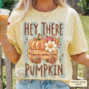 May include: A pale yellow short-sleeve t-shirt featuring a graphic of a wooden wagon carrying a pumpkin, an apple, and a white flower. The text reads HEY THERE PUMPKIN in brown letters. The design is set against a background of vertical teal stripes.