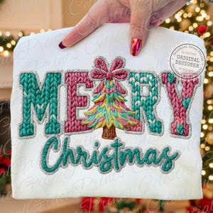 フェイクヤーンのメリークリスマスPNG、チャンキーニットのコケットボウクリスマスツリーPNG、リアルなヤーンテクスチャホリデー昇華