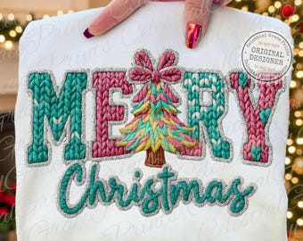 Faux Yarn Merry Christmas PNG, Chunky Knit Coquette Bow Christmas Tree PNG, Realistic Yarn Texture Holiday Sublimatio