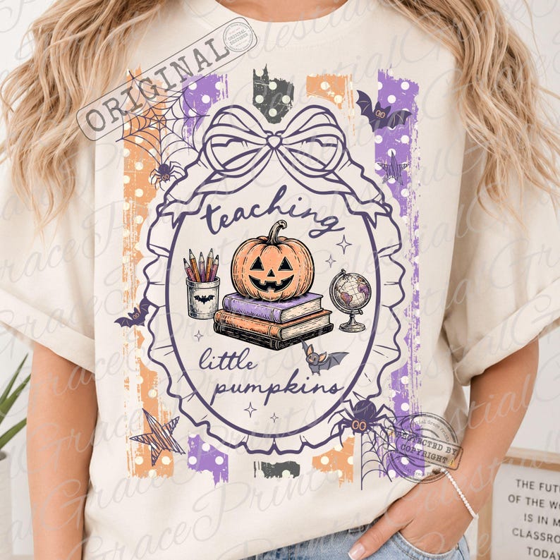 Lärande små pumpor Halloween-lärare PNG-design, kuslig lärare randig PNG, kokett höst digital nedladdning ORIGINAL Kopiera inte bild 5