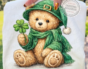 St. Patricks Teddy Bear PNG Irish Pride Clover Cute Green Hat Digital Download Saint Patricks Shirt Design Sublimation PNG Holiday Artwork