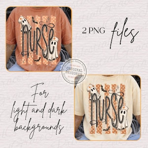 May include: A rust-colored t-shirt and a cream-colored t-shirt, each featuring a graphic design with the word NURSE in black script, two ghosts wearing nurse caps, orange polka-dot stripes, and small black bats, labeled as 2 PNG files.