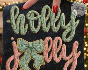 Faux Yarn Holly Jolly PNG, Chunky Knit Coquette Faux Glitter Bow Christmas PNG, Trendy Realistic Yarn Texture Holiday Sublimation