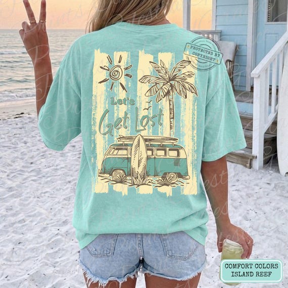 Let’s Get Lost PNG, Tropical Beach Vacation Shirt Design, Surf Van Summer Striped PNG, Coastal Retro Summer Download ORIGINAL