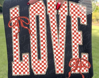 Retro Checkered LOVE PNG, Coquette Valentine Bow Clipart, Preppy Pink Love Digital Download, Varsity Valentine Shirt Sublimation ORIGINAL
