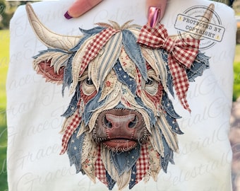 Faux Quilted Patchwork Cow Design | Patriotic Highland Cow PNG | 4th of July Coquette Cow Graphic | Digital Download ORIGINAL