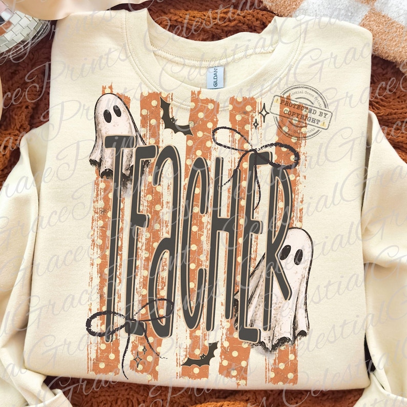 Fantasma de profesor de Halloween PNG, Diseño de camiseta de profesora espeluznante coqueta PNG, Sublimación de profesora fantasma a rayas ORIGINAL No copiar imagen 6