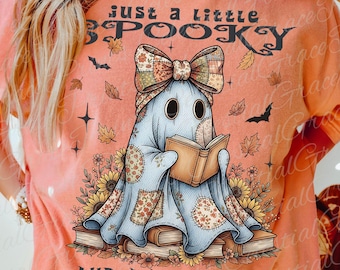 Preppy Fall Ghost Reading Patchwork PNG • Coquette Spooky Book Lover Digital Download • Autumn Sublimation Clipart Design