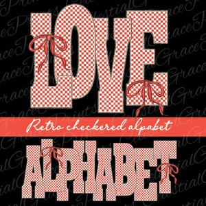 Puede incluir: Diseño digital con las palabras "LOVE" y "ALPHABET" en un patrón retro a cuadros. Lazos rojos acentúan las letras. También se incluye el texto "Retro checkered alphabet".