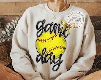Game Day PNG • Faux Glitter Softball PNG • Preppy Coquette Sports Bow Digital Download • Retro Game Day Shirt Design
