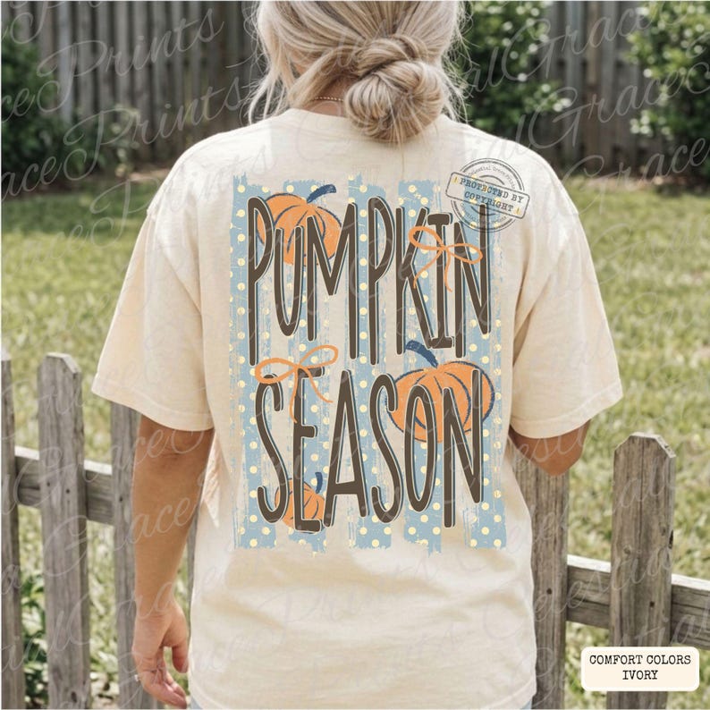 May include: An ivory short-sleeve t-shirt featuring a back graphic with the text PUMPKIN SEASON in dark brown letters. The design includes orange pumpkin illustrations, light blue vertical stripes, and small yellow dots on a light blue background.