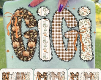 Preppy Autumn Gigi Mama Mimi Nana Aunt Coquette PNG Bundle, Fall Gigi Girly Gingham PNG Design Download