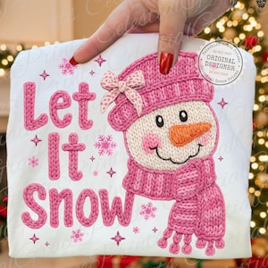 Let It Snow PNG • フェイクヤーンニットテクスチャピンクの雪だるまクリスマスデザイン • コケットボウプレッピーウィンターPNG • リアルなヤーンデジタルダウンロード