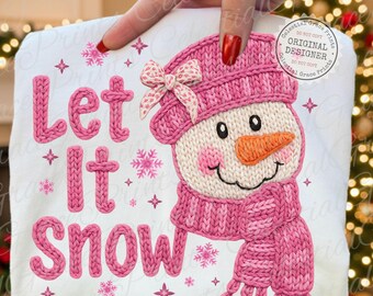 Let It Snow PNG • Faux Yarn Knitted Texture Pink Snowman Christmas Design • Coquette Bow Preppy Winter PNG • Realistic Yarn Digital Download