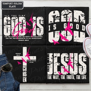 May include: Four black t-shirts with white and pink text. The shirts feature religious phrases like "God is Good" and "Jesus". Pink birds and a cross graphic are also included. The shirts are displayed with sunglasses and a pair of white sneakers.