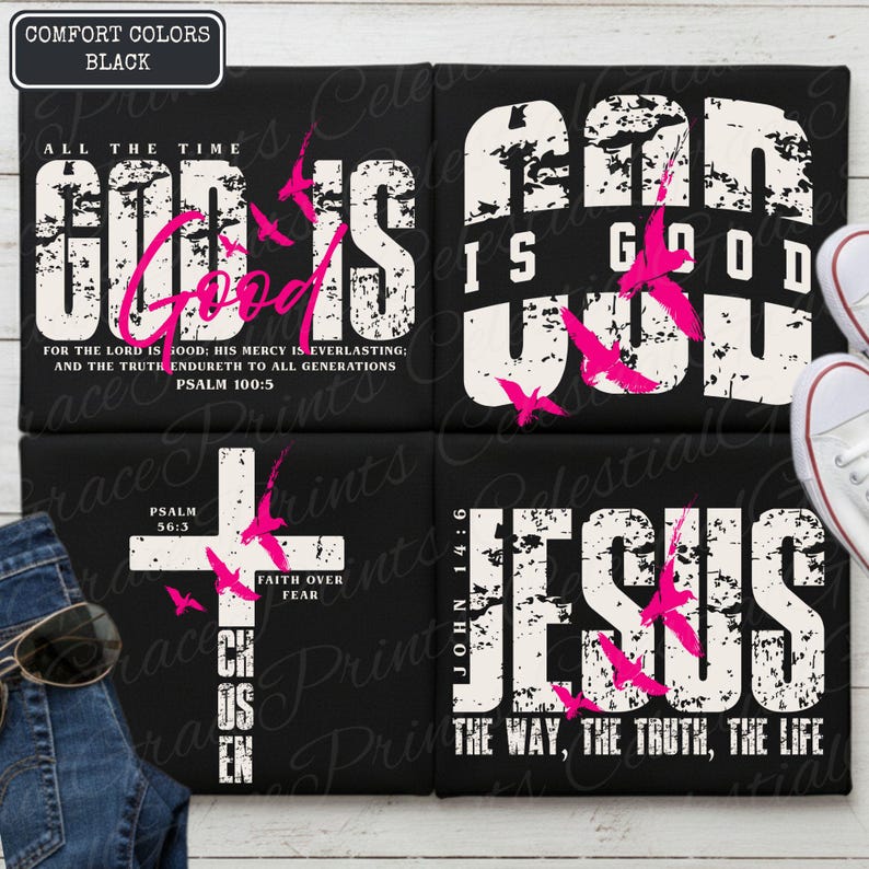 May include: Four black t-shirts with white and pink text. The shirts feature religious phrases like "God is Good" and "Jesus". Pink birds and a cross graphic are also included. The shirts are displayed with sunglasses and a pair of white trainers.