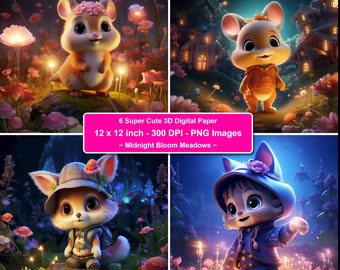 Digital Art Adorable 3D Cute Scene Digital Paper High-Quality Midnight Bloom Fantasy Instant Download for Digital Projects on Sale