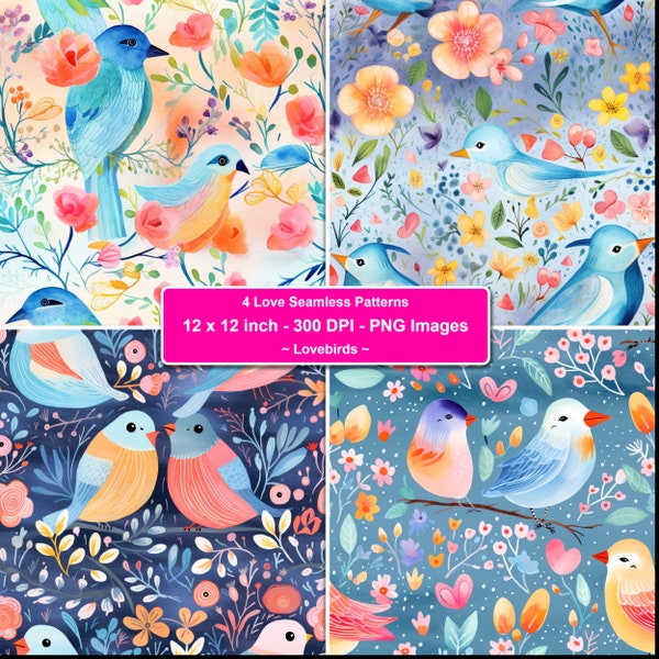 Charming Lovebirds and Super Cute Animals Seamless Pattern Design for Romantic Decor for Digital Projects on Sale Instant Download