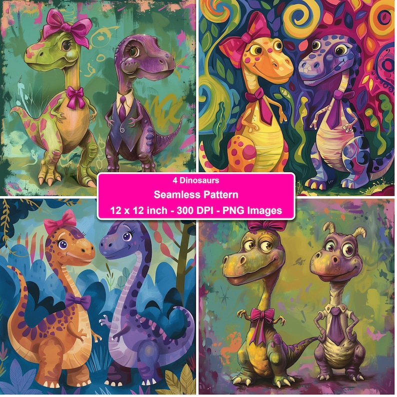 Printable Charming Twin Dinosaurs Digital Paper Super Cute Dino ...