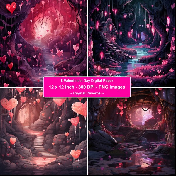 Valentine's Day Love Digital Paper Romantic Crystal Caverns Heartfelt Patterns Instant Download on Sale for Digital projects