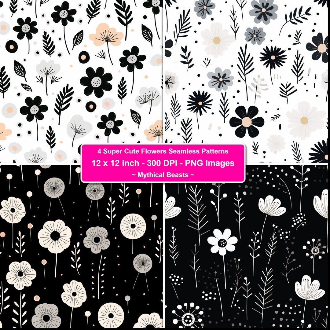 Pattern Dxl Digital Art Instant Download Charming Black and White Floral Seamless ...