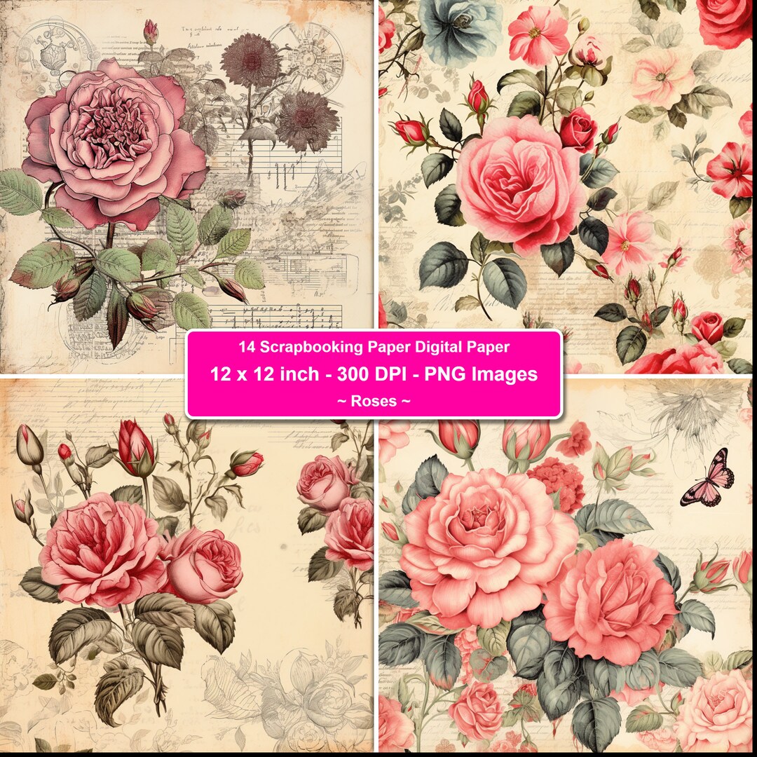 Vintage Rose Scrapbooking Paper Design in Square Format for Crafting