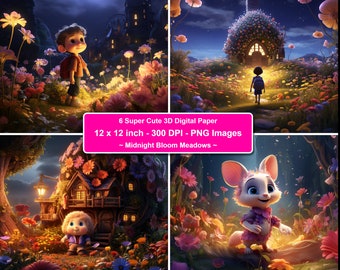 Charming 3D Cute Character Digital Paper Design Vibrant Midnight Bloom Meadows Digital Art Instant Download