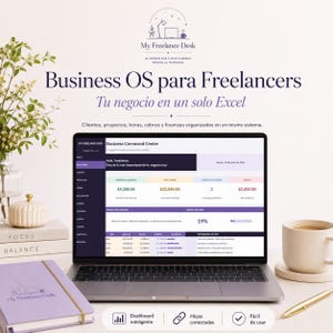 May include: A laptop displaying a Business Command Center dashboard for freelancers, featuring financial data, project tracking, and task lists. The screen shows text including Business OS para Freelancers and Tu negocio en un solo Excel.