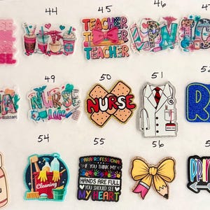 May include: A collection of fifteen colorful stickers featuring various designs including text like Nurse, Teacher, LPN, ICU, CNA, RN, and Principal, along with illustrations of medical supplies, cleaning tools, a bow, and a pill bottle.