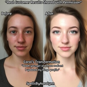 May include: Before and after photos of a woman's face. The before photo shows the woman with no makeup. The after photo shows the woman with makeup, including eyeliner and blush. The text on the image reads "Carol's Transformation" and "I look younger and more radiant. I updated my Hinge profile." The text at the bottom of the image reads "SpellsByAaralynn".
