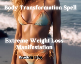 May include: A woman wearing a bikini on a beach with the text "Body Transformation Spell Extreme Weight Loss Manifestation Results in 1 Day SpellsByAaralynn" superimposed on the image.
