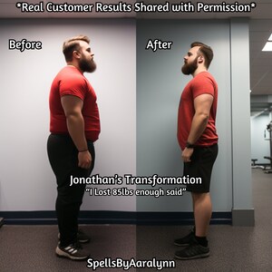 May include: Before and after photos of a person wearing a red t-shirt and black shorts. The person has lost a significant amount of weight. The text "Jonathan's Transformation" and "I Lost 85lbs enough said" is visible in the image.