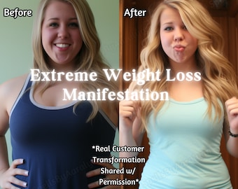 May include: Before and after photos of a person showing a weight loss transformation. The text reads "Body Transformation Spell", "Before", "After", "Extreme Weight Loss Manifestation", "*Real Customer Transformation Shared w/ Permission*" and "SpellsByAaralynn".